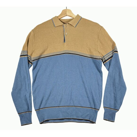 vintage mervyns Men Collection Tan Blue Pullover Sweater Medium Retro Hipster - Picture 10 of 14